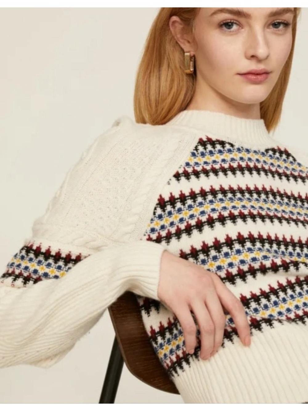 Veronica Beard Jimena Chunky Fair Isle Merino Wool Fitted Sweater Small
